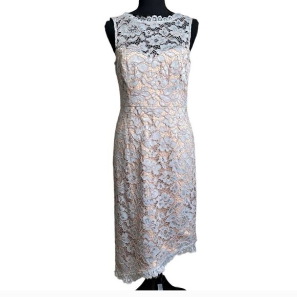 Eliza J Lace Asymmetrical Scalloped Hem Icy Blue Illusion Neckline Sheath Dress - Picture 5 of 15